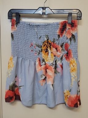 Sky Blue Floral Smocked Strapless Top